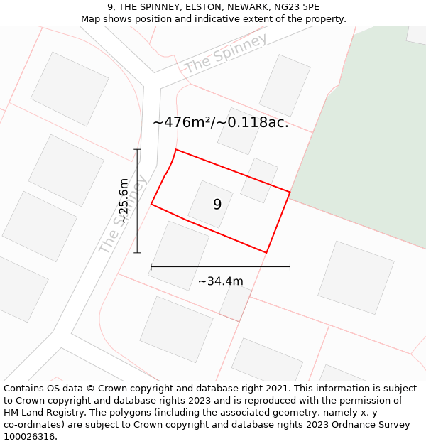 9, THE SPINNEY, ELSTON, NEWARK, NG23 5PE: Plot and title map