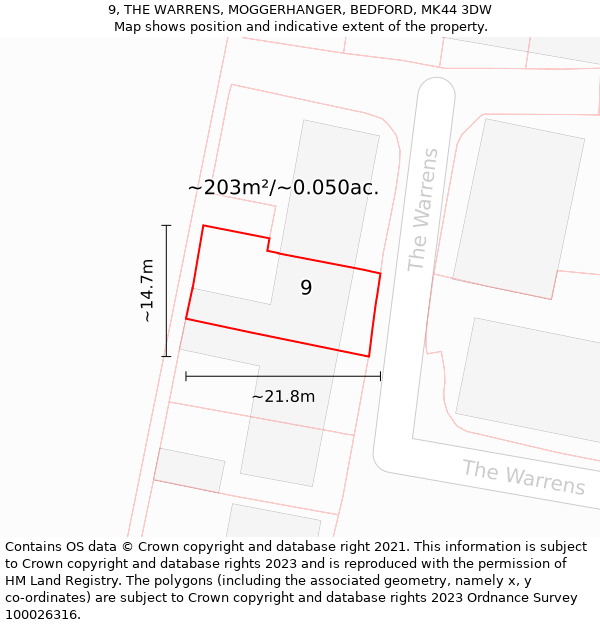 9, THE WARRENS, MOGGERHANGER, BEDFORD, MK44 3DW: Plot and title map