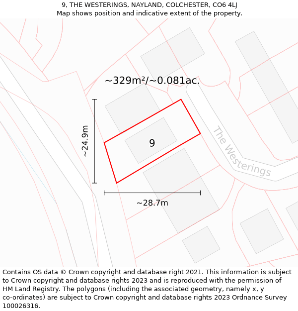 9, THE WESTERINGS, NAYLAND, COLCHESTER, CO6 4LJ: Plot and title map