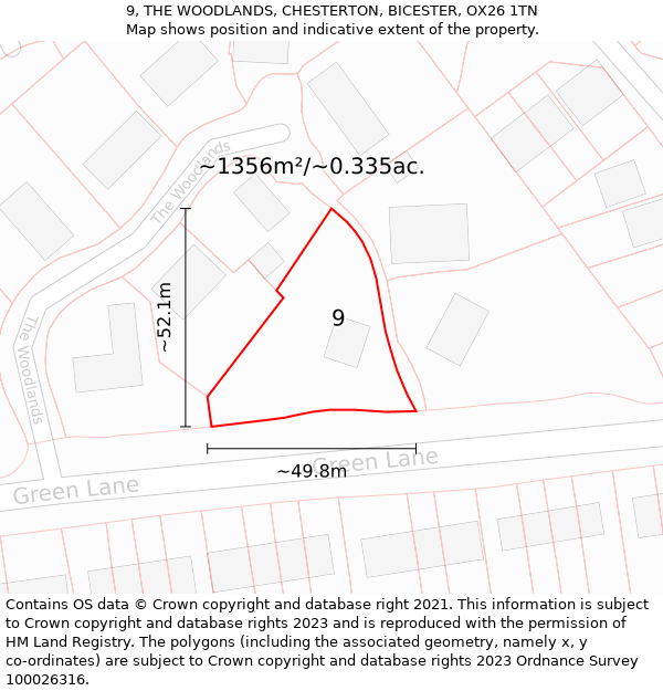 9, THE WOODLANDS, CHESTERTON, BICESTER, OX26 1TN: Plot and title map