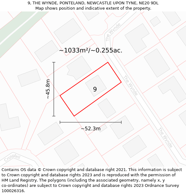 9, THE WYNDE, PONTELAND, NEWCASTLE UPON TYNE, NE20 9DL: Plot and title map