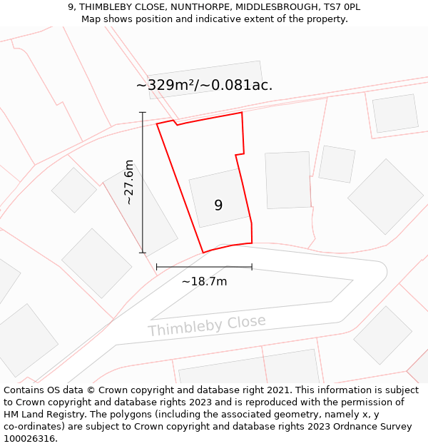 9, THIMBLEBY CLOSE, NUNTHORPE, MIDDLESBROUGH, TS7 0PL: Plot and title map