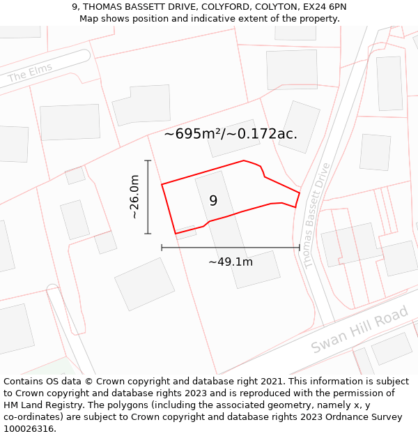 9, THOMAS BASSETT DRIVE, COLYFORD, COLYTON, EX24 6PN: Plot and title map