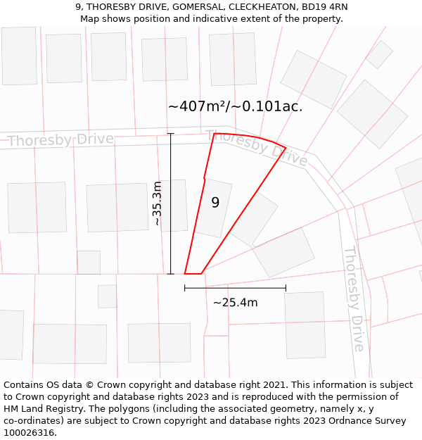 9, THORESBY DRIVE, GOMERSAL, CLECKHEATON, BD19 4RN: Plot and title map