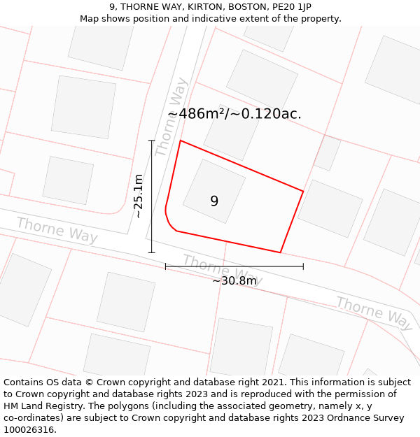 9, THORNE WAY, KIRTON, BOSTON, PE20 1JP: Plot and title map