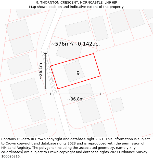 9, THORNTON CRESCENT, HORNCASTLE, LN9 6JP: Plot and title map