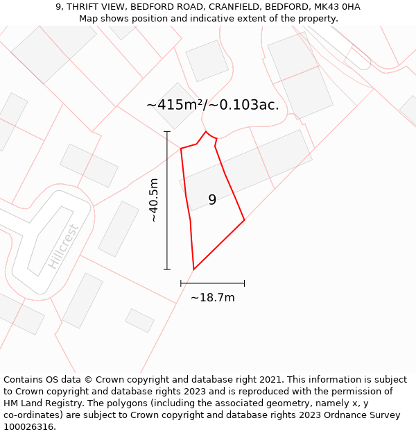 9, THRIFT VIEW, BEDFORD ROAD, CRANFIELD, BEDFORD, MK43 0HA: Plot and title map