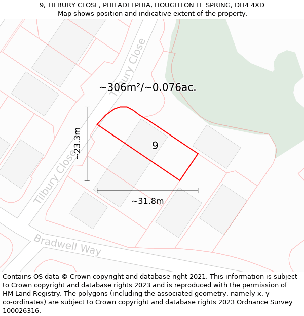 9, TILBURY CLOSE, PHILADELPHIA, HOUGHTON LE SPRING, DH4 4XD: Plot and title map