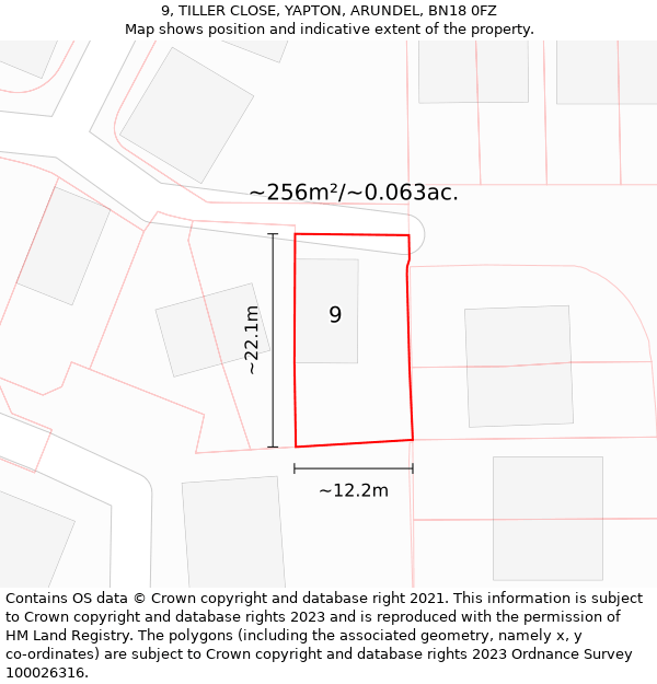 9, TILLER CLOSE, YAPTON, ARUNDEL, BN18 0FZ: Plot and title map