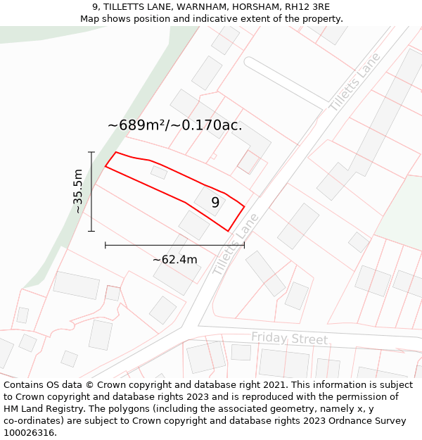 9, TILLETTS LANE, WARNHAM, HORSHAM, RH12 3RE: Plot and title map