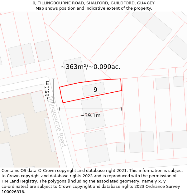 9, TILLINGBOURNE ROAD, SHALFORD, GUILDFORD, GU4 8EY: Plot and title map