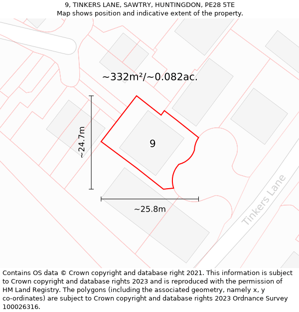 9, TINKERS LANE, SAWTRY, HUNTINGDON, PE28 5TE: Plot and title map