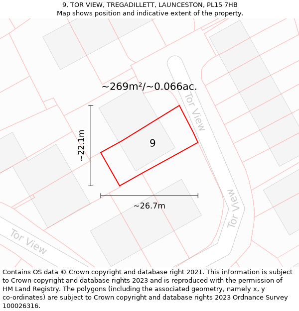 9, TOR VIEW, TREGADILLETT, LAUNCESTON, PL15 7HB: Plot and title map