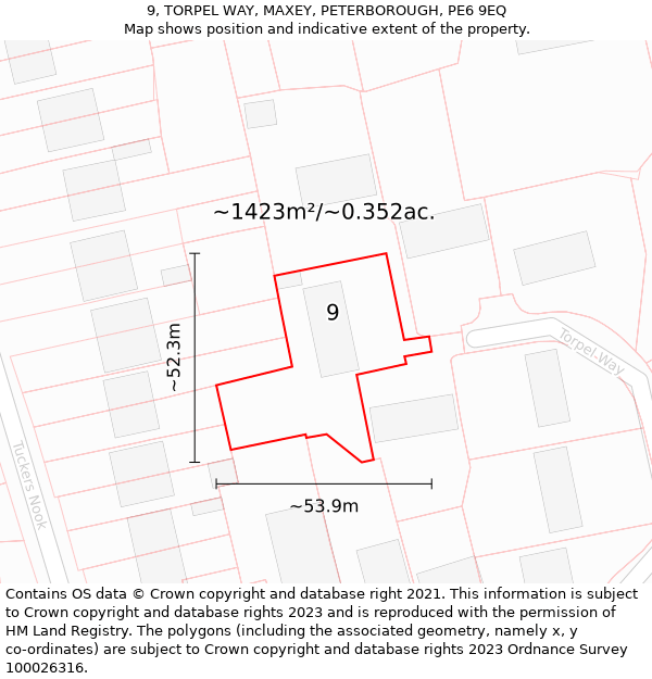 9, TORPEL WAY, MAXEY, PETERBOROUGH, PE6 9EQ: Plot and title map