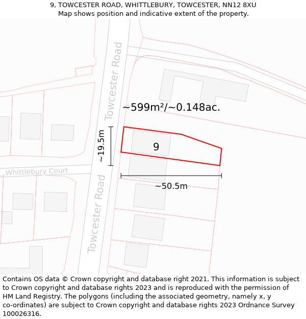 9, TOWCESTER ROAD, WHITTLEBURY, TOWCESTER, NN12 8XU: Plot and title map