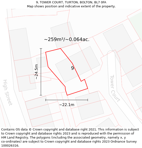 9, TOWER COURT, TURTON, BOLTON, BL7 0FA: Plot and title map