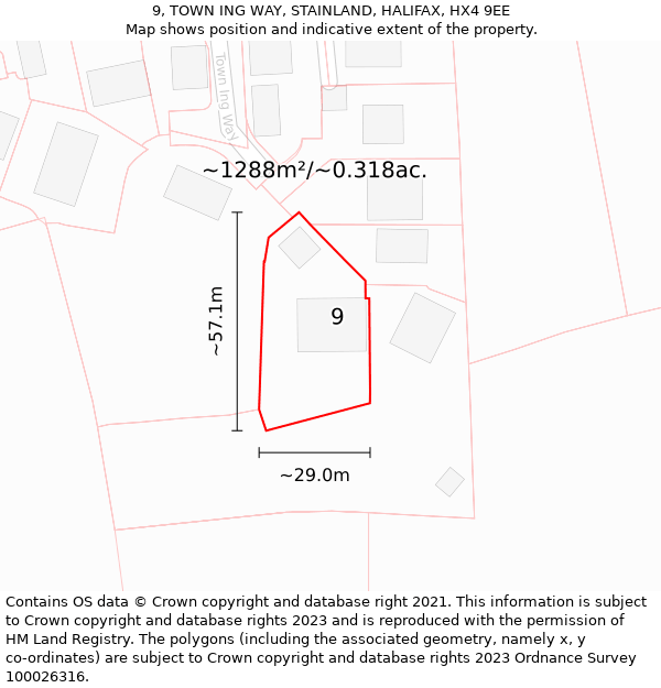 9, TOWN ING WAY, STAINLAND, HALIFAX, HX4 9EE: Plot and title map