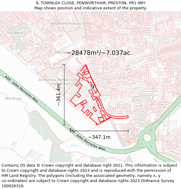 9, TOWNLEA CLOSE, PENWORTHAM, PRESTON, PR1 0NY: Plot and title map