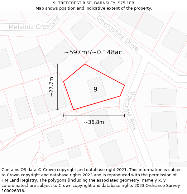 9, TREECREST RISE, BARNSLEY, S75 1EB: Plot and title map