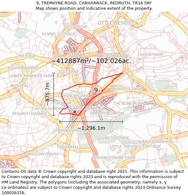 9, TREMAYNE ROAD, CARHARRACK, REDRUTH, TR16 5RF: Plot and title map