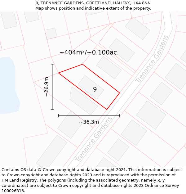 9, TRENANCE GARDENS, GREETLAND, HALIFAX, HX4 8NN: Plot and title map