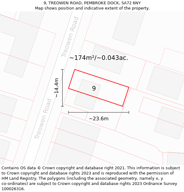 9, TREOWEN ROAD, PEMBROKE DOCK, SA72 6NY: Plot and title map