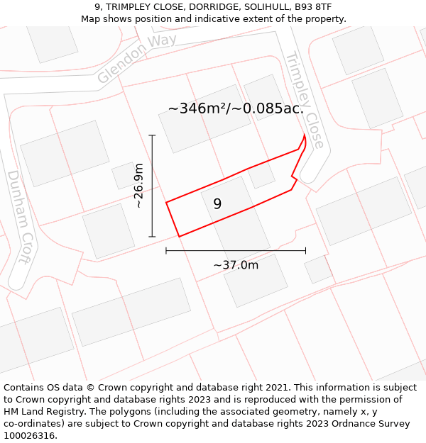 9, TRIMPLEY CLOSE, DORRIDGE, SOLIHULL, B93 8TF: Plot and title map