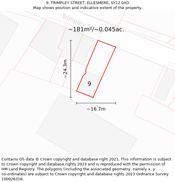 9, TRIMPLEY STREET, ELLESMERE, SY12 0AD: Plot and title map