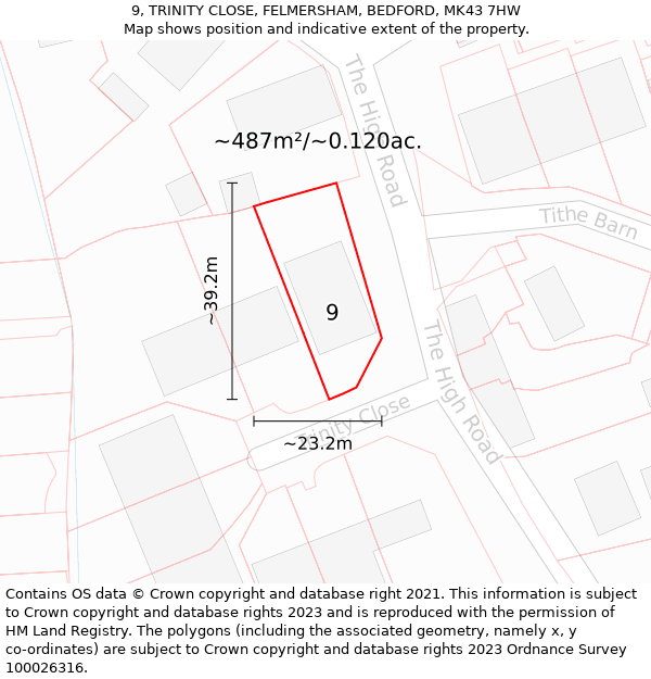 9, TRINITY CLOSE, FELMERSHAM, BEDFORD, MK43 7HW: Plot and title map