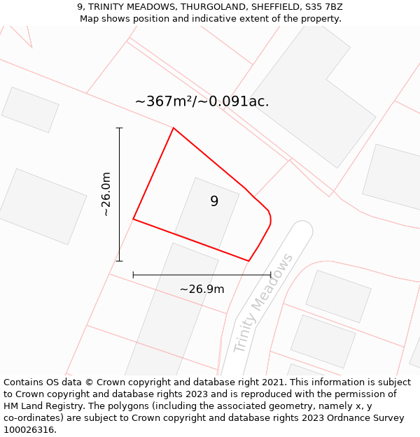 9, TRINITY MEADOWS, THURGOLAND, SHEFFIELD, S35 7BZ: Plot and title map
