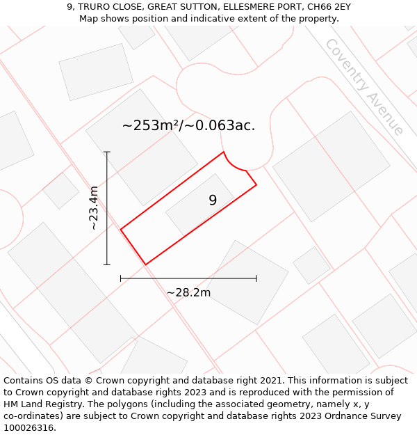 9, TRURO CLOSE, GREAT SUTTON, ELLESMERE PORT, CH66 2EY: Plot and title map