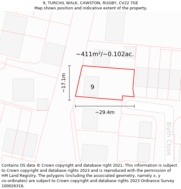 9, TURCHIL WALK, CAWSTON, RUGBY, CV22 7GE: Plot and title map