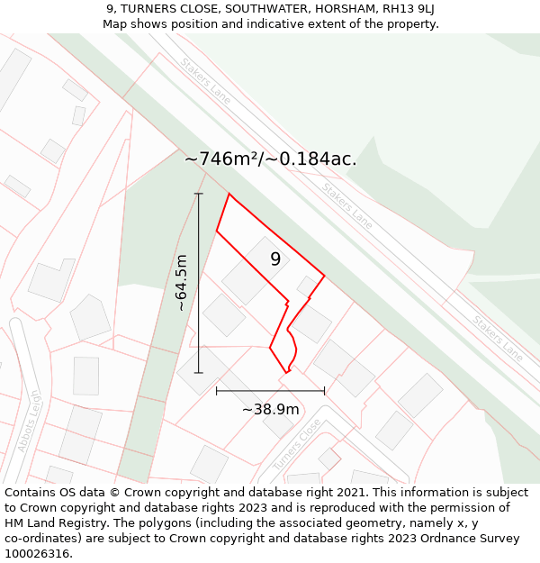 9, TURNERS CLOSE, SOUTHWATER, HORSHAM, RH13 9LJ: Plot and title map