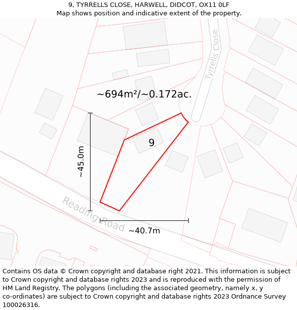 9, TYRRELLS CLOSE, HARWELL, DIDCOT, OX11 0LF: Plot and title map