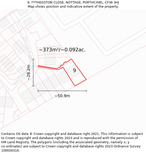 9, TYTHEGSTON CLOSE, NOTTAGE, PORTHCAWL, CF36 3HJ: Plot and title map