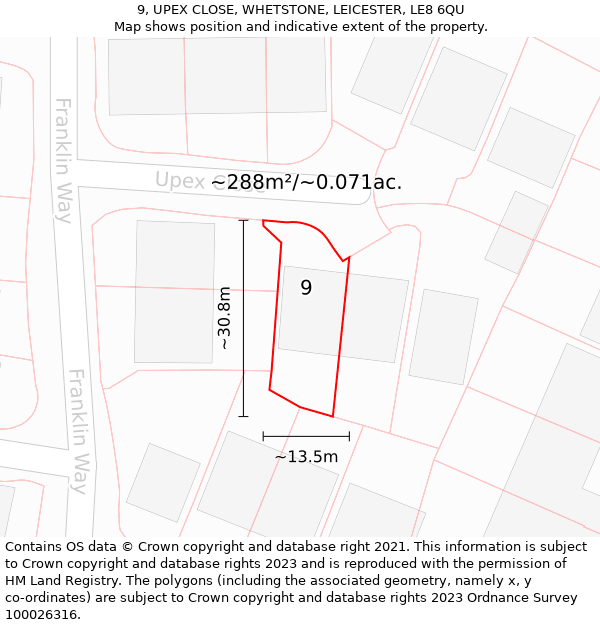 9, UPEX CLOSE, WHETSTONE, LEICESTER, LE8 6QU: Plot and title map