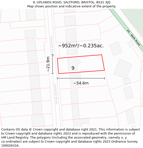 9, UPLANDS ROAD, SALTFORD, BRISTOL, BS31 3JQ: Plot and title map