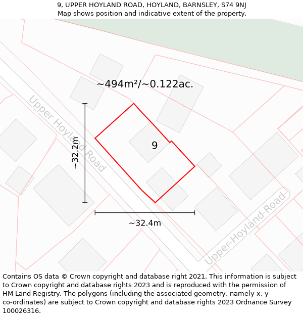 9, UPPER HOYLAND ROAD, HOYLAND, BARNSLEY, S74 9NJ: Plot and title map