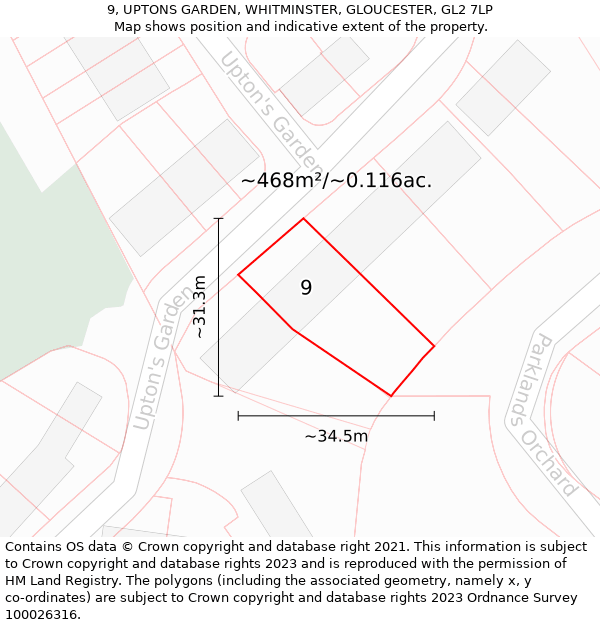 9, UPTONS GARDEN, WHITMINSTER, GLOUCESTER, GL2 7LP: Plot and title map