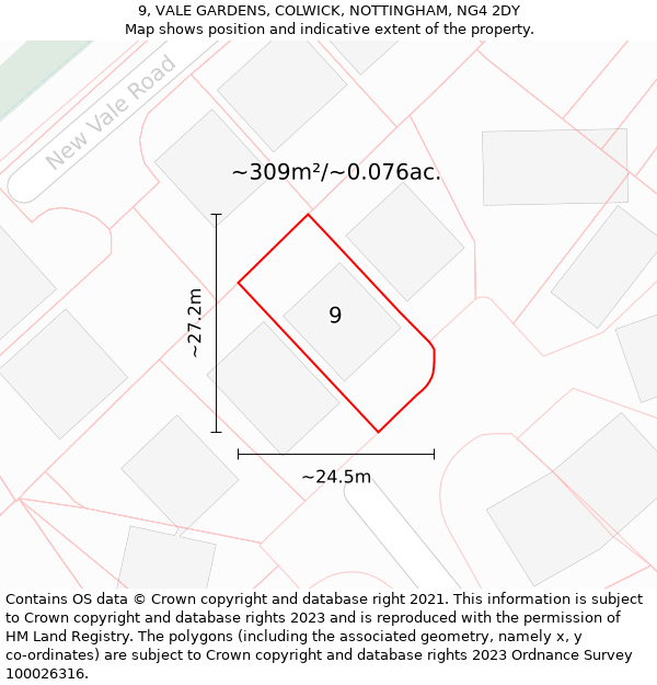 9, VALE GARDENS, COLWICK, NOTTINGHAM, NG4 2DY: Plot and title map