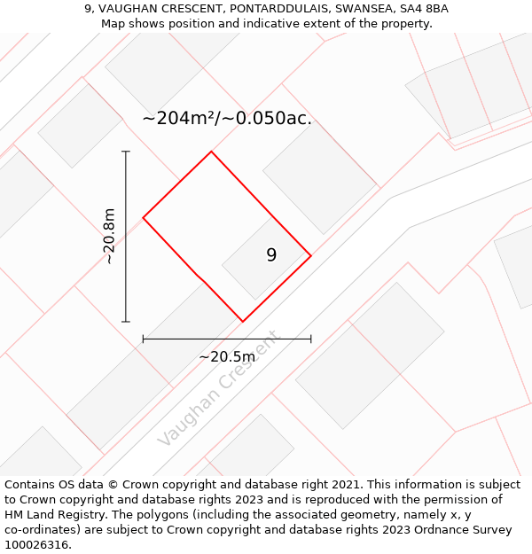 9, VAUGHAN CRESCENT, PONTARDDULAIS, SWANSEA, SA4 8BA: Plot and title map