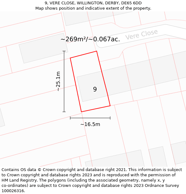 9, VERE CLOSE, WILLINGTON, DERBY, DE65 6DD: Plot and title map