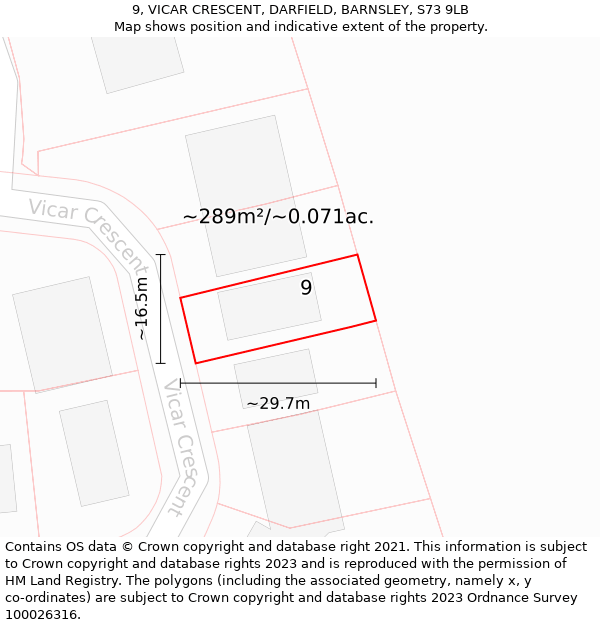 9, VICAR CRESCENT, DARFIELD, BARNSLEY, S73 9LB: Plot and title map