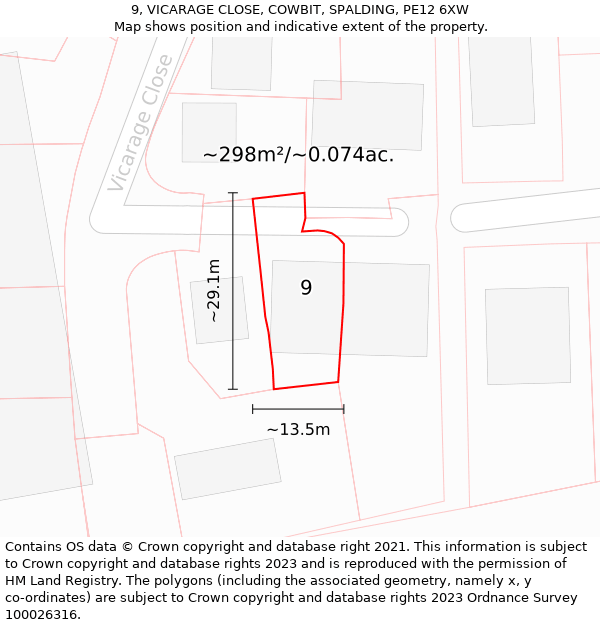 9, VICARAGE CLOSE, COWBIT, SPALDING, PE12 6XW: Plot and title map