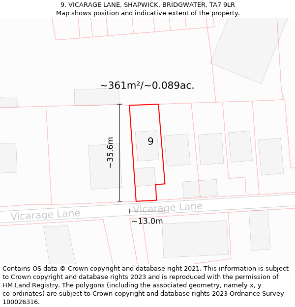 9, VICARAGE LANE, SHAPWICK, BRIDGWATER, TA7 9LR: Plot and title map