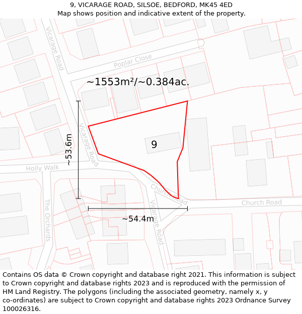 9, VICARAGE ROAD, SILSOE, BEDFORD, MK45 4ED: Plot and title map