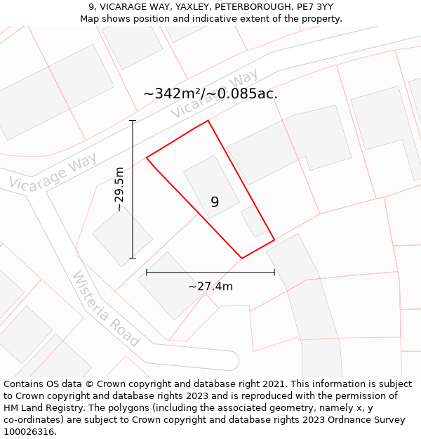 9, VICARAGE WAY, YAXLEY, PETERBOROUGH, PE7 3YY: Plot and title map