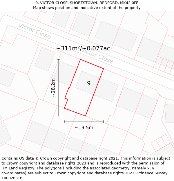 9, VICTOR CLOSE, SHORTSTOWN, BEDFORD, MK42 0FR: Plot and title map