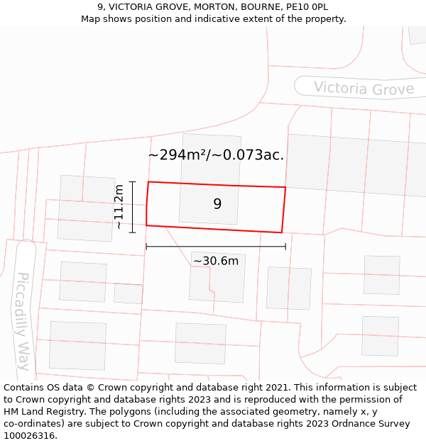 9, VICTORIA GROVE, MORTON, BOURNE, PE10 0PL: Plot and title map