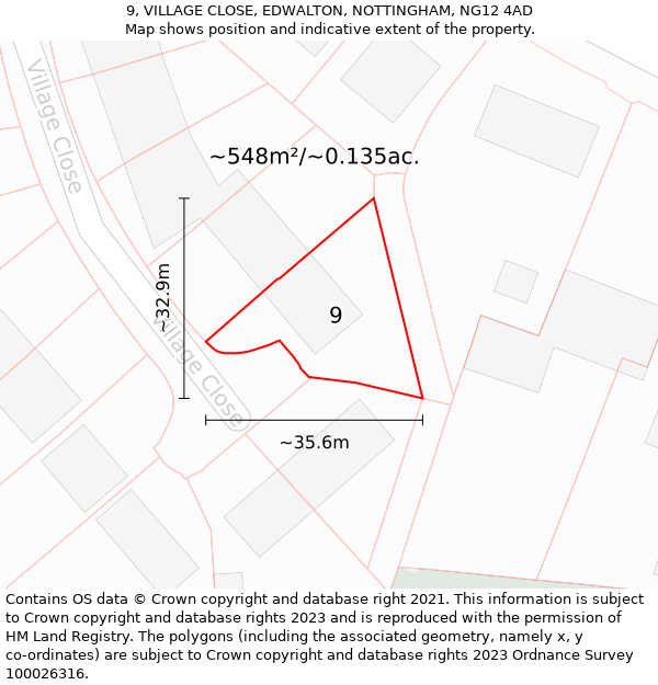 9, VILLAGE CLOSE, EDWALTON, NOTTINGHAM, NG12 4AD: Plot and title map